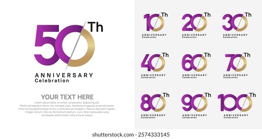 Anniversary logo set vector design, purple and gold color for celebration event