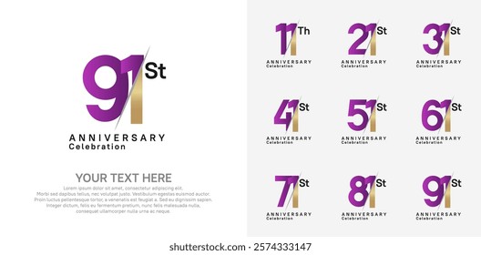 Anniversary logo set vector design, purple and gold color for celebration event