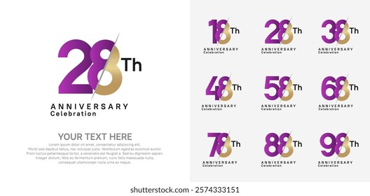 Anniversary logo set vector design, purple and gold color for celebration event