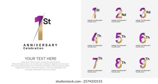 Anniversary logo set vector design, purple and gold color for celebration event