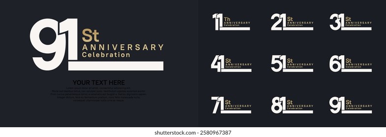 Anniversary logo set vector design, white and golden color for celebration event 