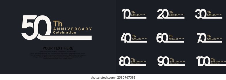 Anniversary logo set vector design, white and golden color for celebration event 