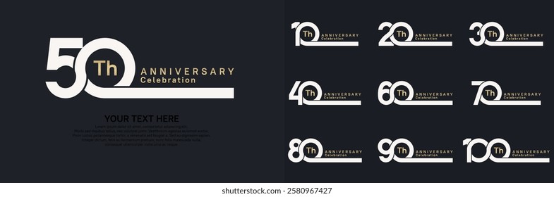 Anniversary logo set vector design, white and golden color for celebration event 