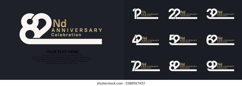 Anniversary logo set vector design, white and golden color for celebration event 