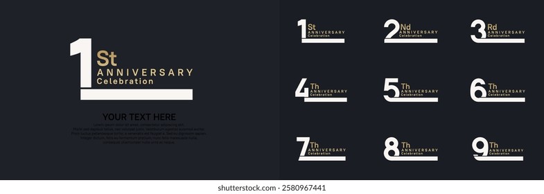 Anniversary logo set vector design, white and golden color for celebration event 