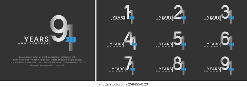 anniversary logo set. vector design silver color and blue ribbon can be use for celebration event