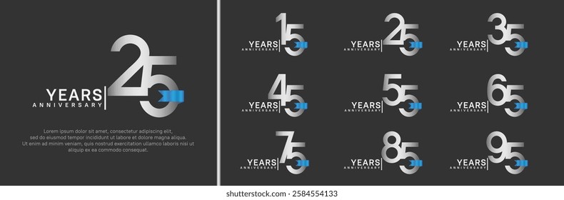 anniversary logo set. vector design silver color and blue ribbon can be use for celebration event