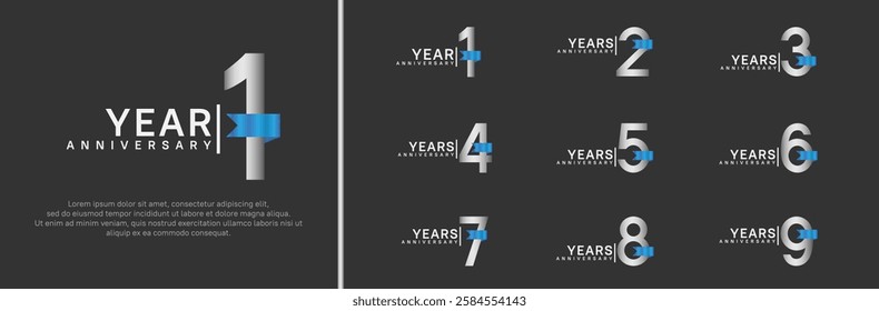 anniversary logo set. vector design silver color and blue ribbon can be use for celebration event
