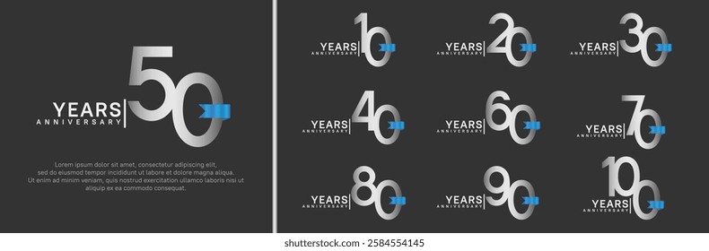 anniversary logo set. vector design silver color and blue ribbon can be use for celebration event