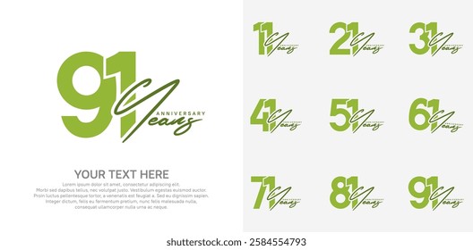 Anniversary logo set vector design, green color for celebration event