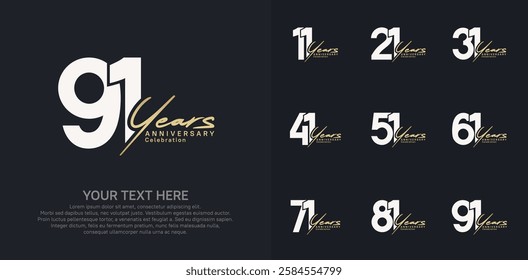 Anniversary logo set vector design, white and gold color for celebration event