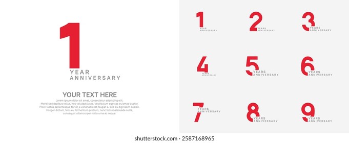 Anniversary logo set vector design, red color for celebration event