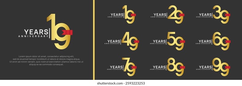 anniversary logo set. vector design gold color and red ribbon can be use for celebration event