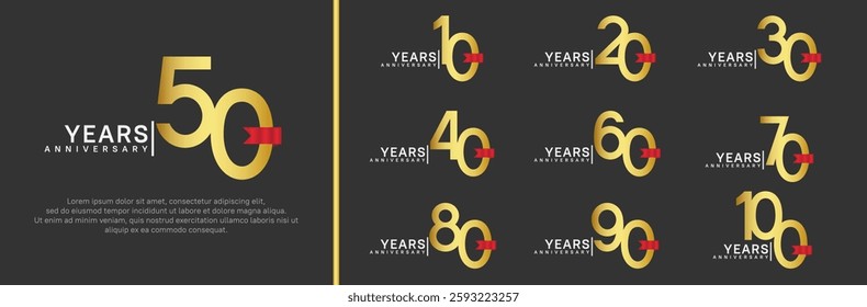 anniversary logo set. vector design gold color and red ribbon can be use for celebration event