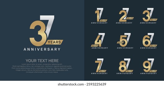 Anniversary logo set vector design, gold and silver color for celebration event