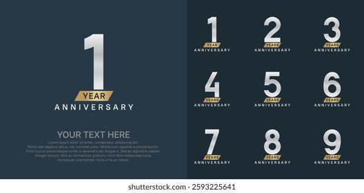 Anniversary logo set vector design, gold and silver color for celebration event