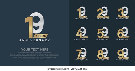 Anniversary logo set vector design, gold and silver color for celebration event