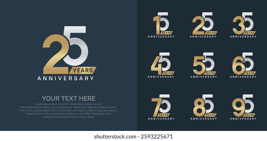 Anniversary logo set vector design, gold and silver color for celebration event
