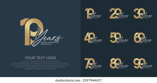 Anniversary logo set vector design, gold and silver color for celebration event