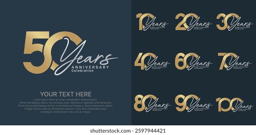 Anniversary logo set vector design, gold and silver color for celebration event