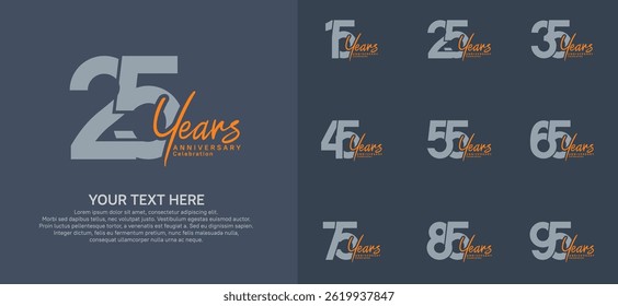 Anniversary logo set vector design, gray and orange color for celebration event
