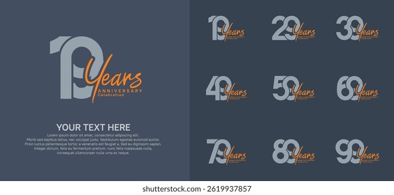 Anniversary logo set vector design, gray and orange color for celebration event