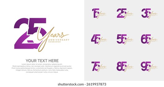 Anniversary logo set vector design, purple and gold color for celebration event