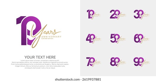 Anniversary logo set vector design, purple and gold color for celebration event