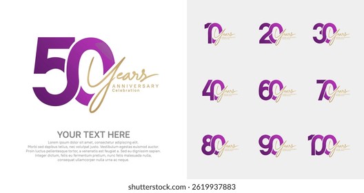 Anniversary logo set vector design, purple and gold color for celebration event