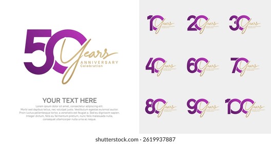 Anniversary logo set vector design, purple and gold color for celebration event