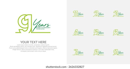 Logotipo de aniversário definir design vetorial, cor verde para evento de celebração