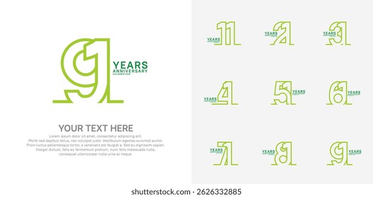 Logotipo de aniversário definir design vetorial, cor verde para evento de celebração