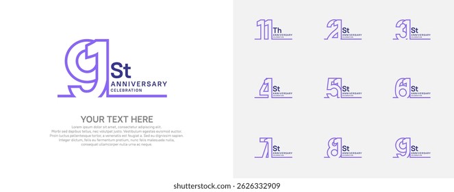 Logotipo de aniversário definir design de vetor, cor roxa para evento de celebração
