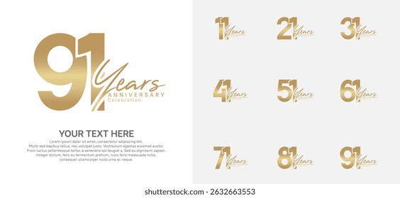 Anniversary logo set vector design, golden color for celebration event