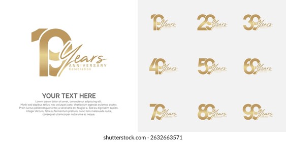 Anniversary logo set vector design, golden color for celebration event