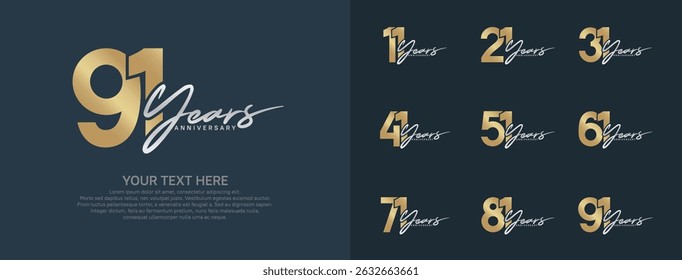 Logotipo de aniversário definir design vetorial, cor prata e dourada para evento de celebração
