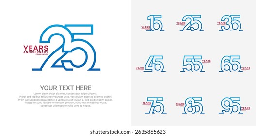 Anniversary logo set vector design, blue and red color for celebration event