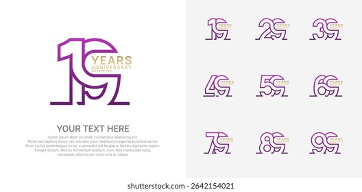 Anniversary logo set vector design, purple and gold color for celebration event
