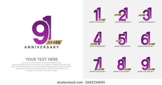 Anniversary logo set vector design, purple and gold color for celebration event