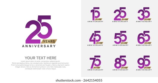 Anniversary logo set vector design, purple and gold color for celebration event