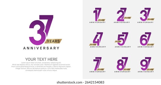 Anniversary logo set vector design, purple and gold color for celebration event