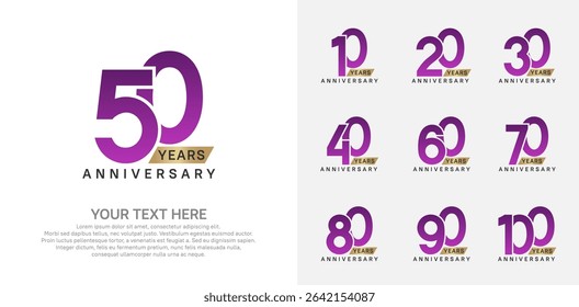 Anniversary logo set vector design, purple and gold color for celebration event