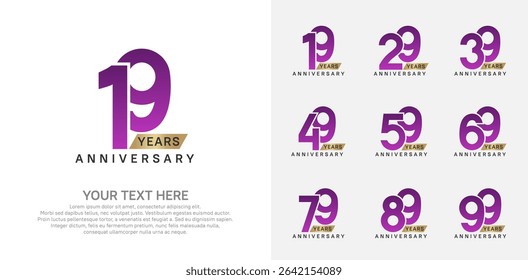 Anniversary logo set vector design, purple and gold color for celebration event