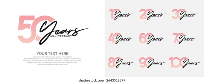 Logotipo de aniversário definir design vetorial, cor rosa e preta para evento de celebração