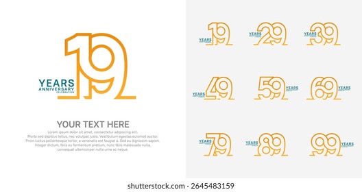 Anniversary logo set vector design, orange and blue color for celebration event