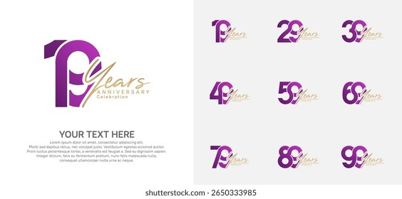 Anniversary logo set vector design, purple and gold color for celebration event