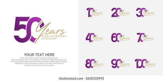 Jubiläums-Logo-Set, Vektordesign, lila und goldene Farbe für Feierlichkeiten