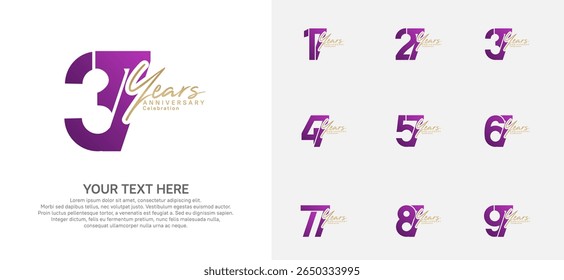 Anniversary logo set vector design, purple and gold color for celebration event