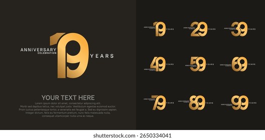 Anniversary logo set vector design, golden color for celebration event