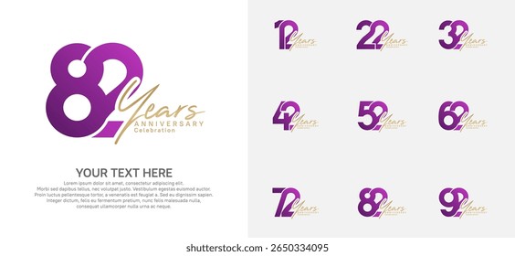Anniversary logo set vector design, purple and gold color for celebration event